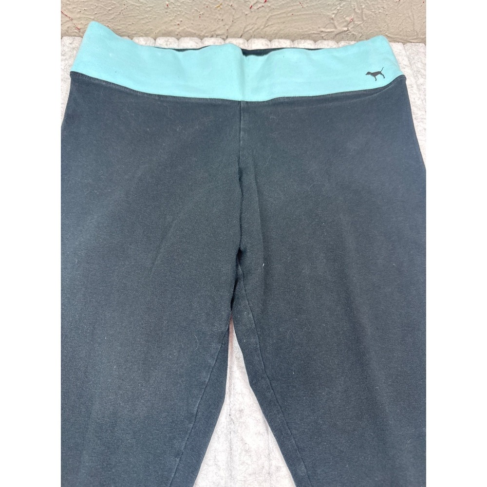 Victoria's Secret PINK Yoga Leggings Black Teal‎ Foldover Logo Crop Large L